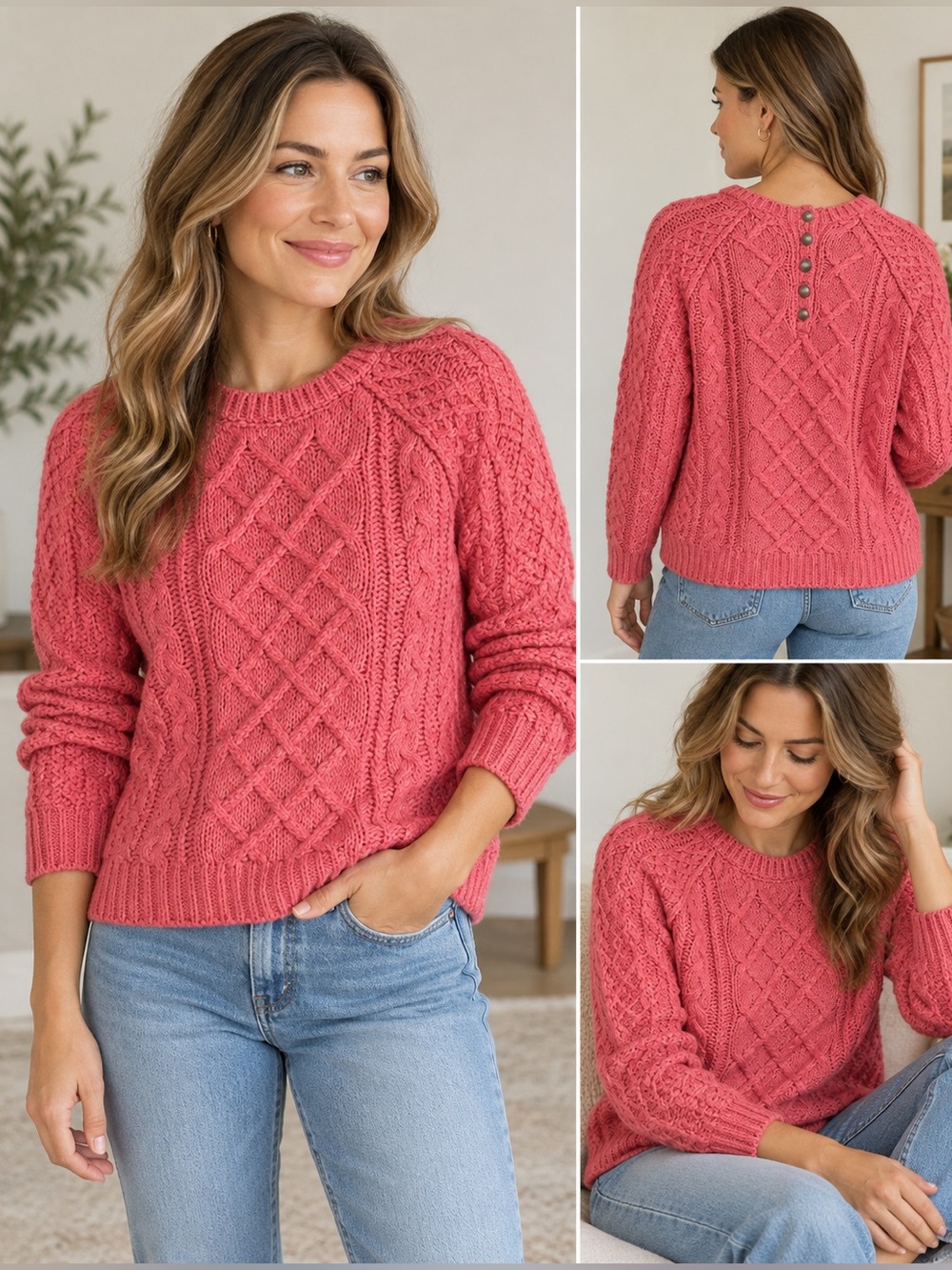 Coral Pink Cable Knit Wool Blend Sweater Fisherman Preppy LOFT M